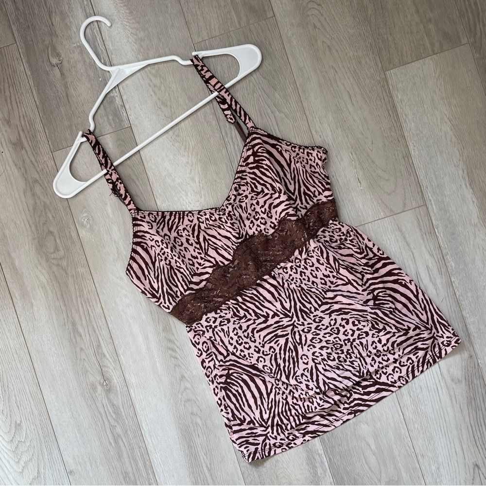 Josie Natori Tank Top zebra animal print lace y2k womens Pink (large) y2k lounge